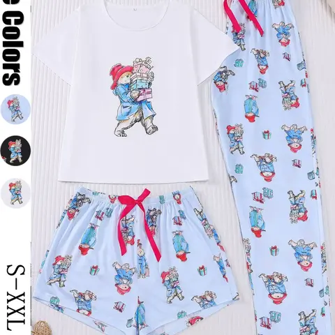 3-Piece Casual Women Pjs Pajama Pyjamas Set Lounge Pajama Style with Padding Bear Print, Short Sleeve Button-Up Top and Loose Adjustable Shorts and Long Pants, Chic Comfortable Sleepwear & Loungewear for Everyday and Holiday