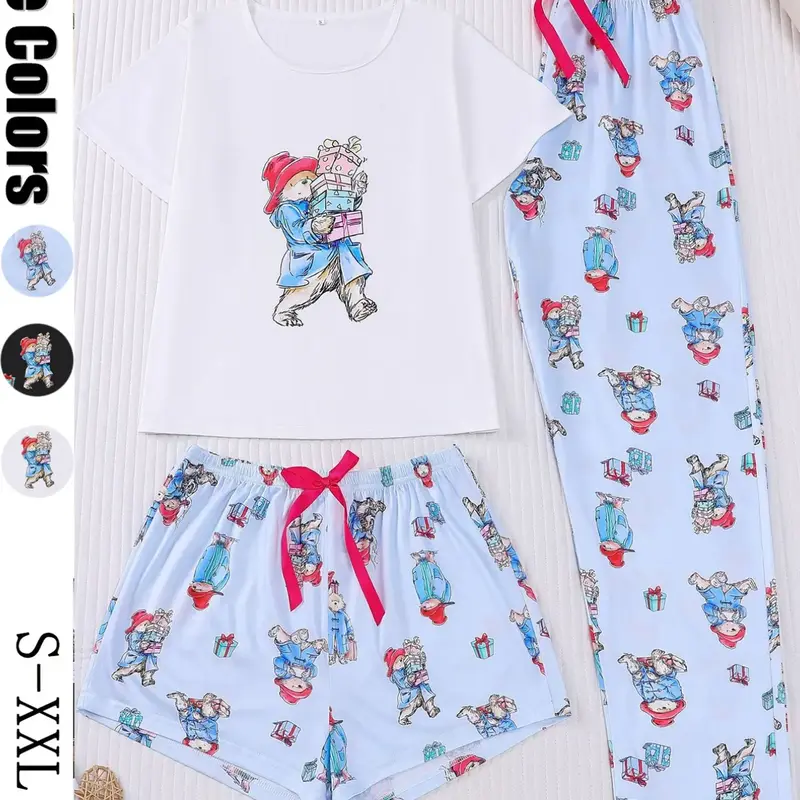 3-Piece Casual Women Pjs Pajama Pyjamas Set Lounge Pajama Style with Padding Bear Print, Short Sleeve Button-Up Top and Loose Adjustable Shorts and Long Pants, Chic Comfortable Sleepwear & Loungewear for Everyday and Holiday