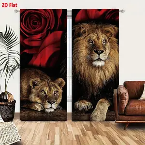 2D Flat  Hot Sale 2-Piece Lioness & Lion Design Blackout Curtains with Red Roses Background, Golden-Brown Fur Patterned Curtains for Living Room, Bedroom - Intense Regal Elegant Style, Thermal Insulated Window Drapes with Wooden Surface Accent