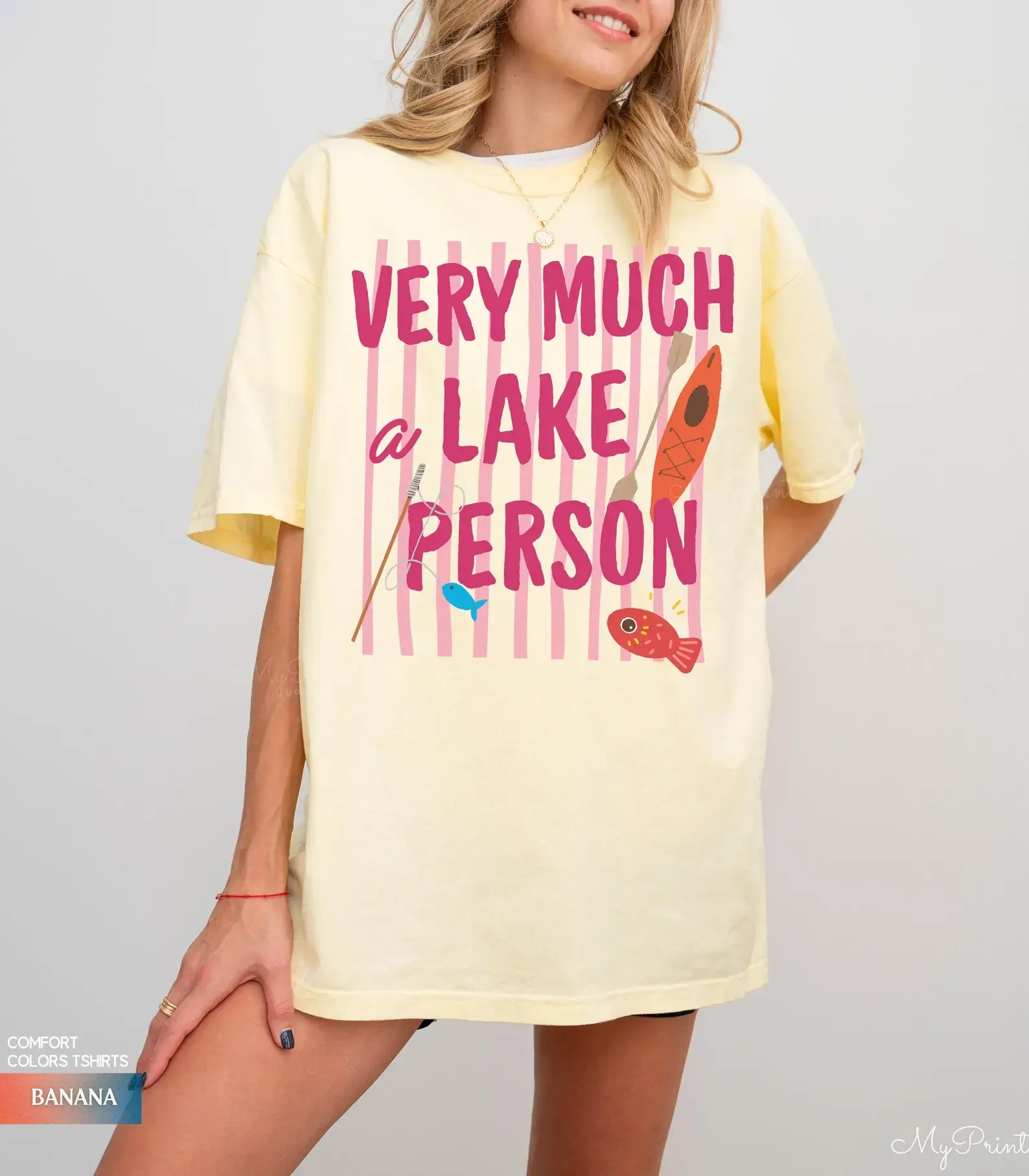 Very Much A Lake Person Graphic T-Shirt Women Summer Lake Trip Canoe Fish Fishing Rod Print Comfort Colors Washed Crewneck Soft Oversized Casual Vacation Tee