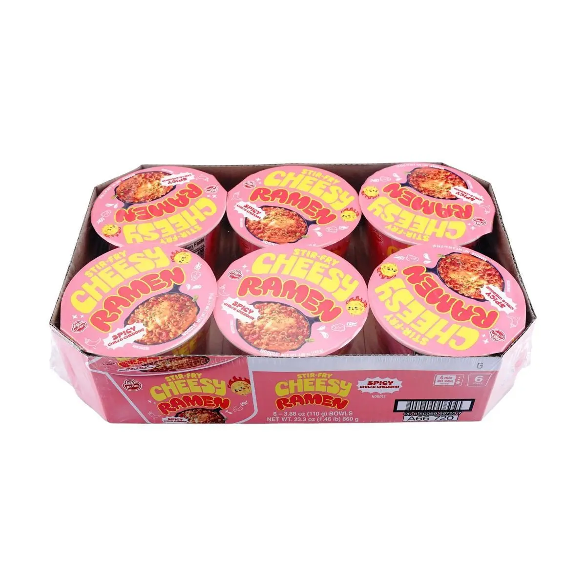 OTTOGI Korean Cheddar Cheese Ramen Noodles - Spicy Cheese Flavor, 6 Bowl Pack (110g Each) - Instant Korean Ramyeon Noodles