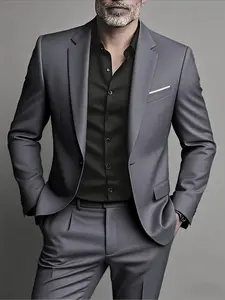 Men's 2pcs Slim-Fit Classic Suit Set, Work Office Suit - Business/wedding/Party Tailoring - Solid Color Jacket & Pants with Collar & Notch - Formal Attire for Special Occasions, Business Meetings, European American Style (Hand Wash/Dry Clean)