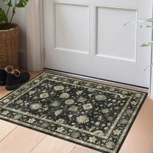 2x3 Washable Rug - Small Entryway Area Rug Non-Slip Door Mat Indoor Entrance Charcoal Black Vintage Floral Rug Low Pile Boho Throw Rugs for Entryway Bedroom