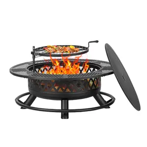 42-Inch 3-in-1 BBQ Fire Pit with Grill – Large Outdoor Wood-Burning Fire Pit for Camping, Picnic, Bonfire, and Round Metal Table with Lid for Backyard and Patio