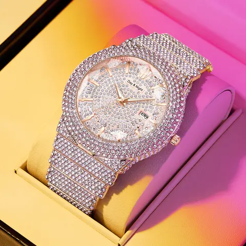 Exquisite Couple's Moissanite Iced-Out Watch Set - Elegant Dial, 2 Sizes (47mm Included), Silver/Rose Gold Alloy Strap, Full Diamond Glow, Fashionable Party Watch, Clasp, Women's & Men's Fashion Accessories, Perfect Matching Gifts