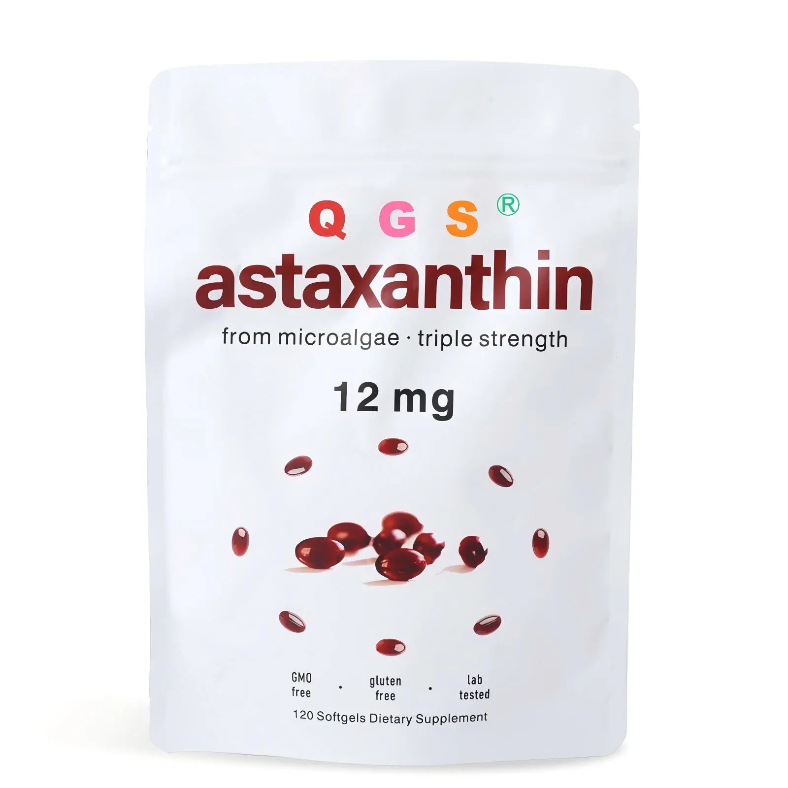 QGS Astaxanthin 12mg Dietary Supplement Softgels - Natural Microalgae Source, 120 Count, 70g, No Artificial Additives, Vitamin-Infused, Supports Adult Healthcare & Metabolism, Naturally Derived