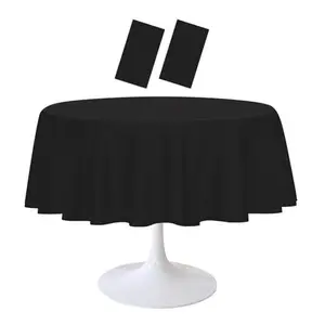 Party Solids 2 Pack Black Round Tablecloth 84 x 84 Inch Disposable Plastic Table Cover, Waterproof Circle Table Cloth for Halloween Wedding Birthday Party Banquet Event Decor