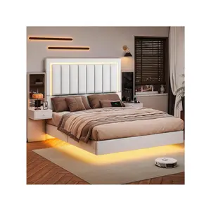 Full Size Floating Bed Frame With LED Lights And Charging Station, PU Leather Upholstered Platform Bed Frame, 2 Nightstands With Mirror