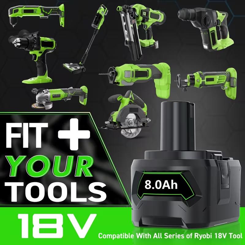 Ryobi Replacement 18V Battery 8.0Ah 8-Pack High Capacity Lithium Ion for One+ P108 P107 P105 P102 Contractors Bulk Value Pack