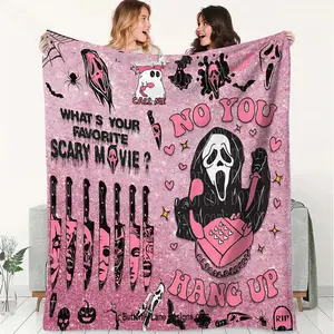 Barbie-Style Horror Fleece Blanket, Flannel Throw Blanket, Black Pink Scheme Knife Spider Bat Ghost Face Graffiti Heart Patterns Wall Hanging Blanket, Soft Fluffy Warm, Outdoor Sports, Gift Blanket, Suitable Living Room, Camping, Travel