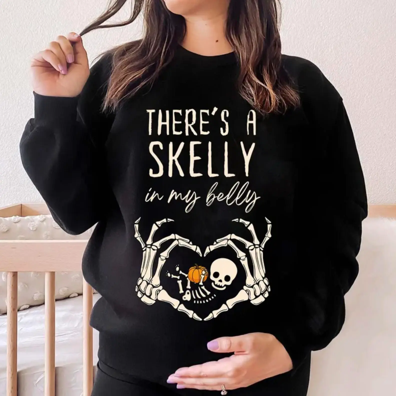 There’s A Skelly In My Belly Maternity Halloween Hoodie - Sweatshirt - Shirt, Funny Skeleton Baby Bump Tee For Pregnant Moms, Cute Pregnancy Reveal Fall Costume Idea