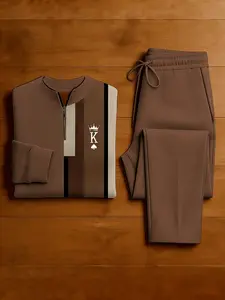 2026 [Retro Style Cardigan Set] Men's Suit with Crown Design | Beige and Brown, Long Sleeve, Half Zipper, Spring-Autumn Style, Comfortable and Breathable, Suitable for All Seasons, Business, Running, Fitness and Daily Casual Sportswear, Micro Elasticity