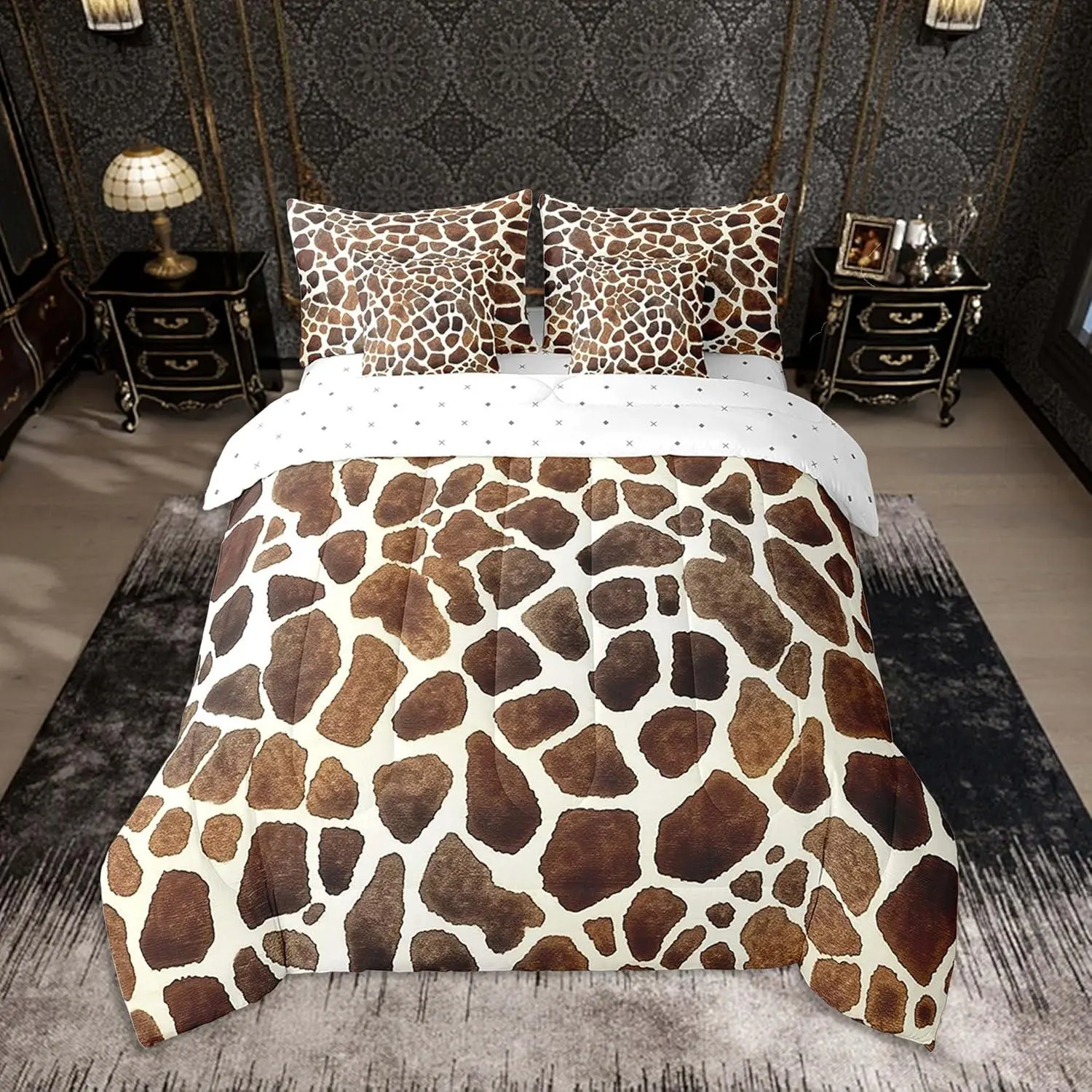 Giraffe Print Comforter Set 7 Pieces Kids Giraffe Fur Texture Print Bedding Set Zoo Farmhouse Bed Set Bed in a Bag with Comforter,Sheets,Pillowcases & Cushion Covers （No Real Fur）