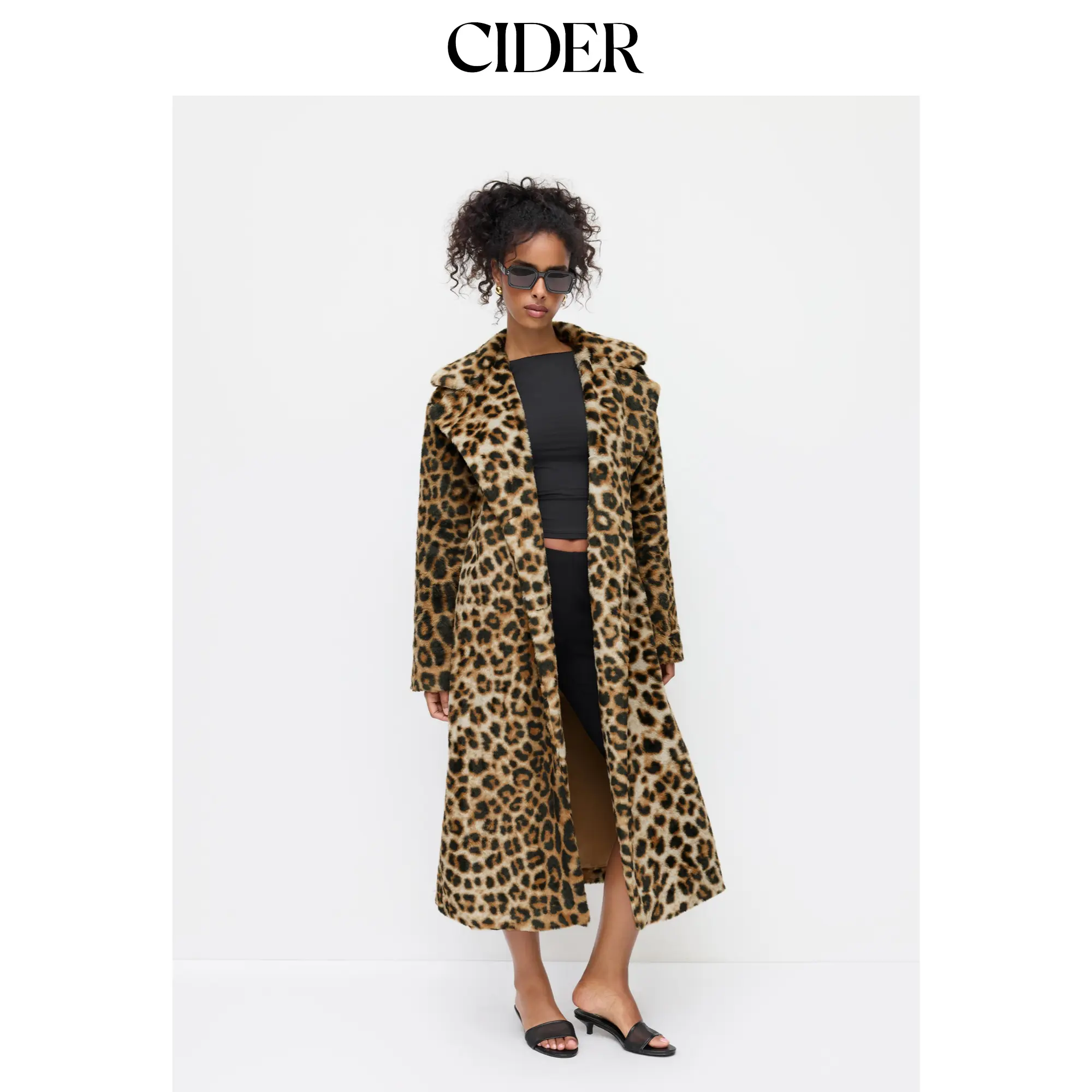 Cider Oversized Leopard Notched Collar Button Faux Fur Longline Coat