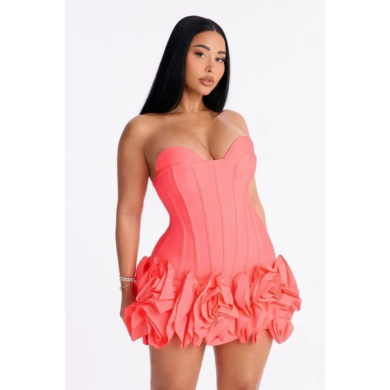 Women's Strapless Sleeveless Fitted Short Length Bandage Mini Dress - Casual Corset Style, Flat Polyester-Spandex Blend Fabric, Ruffle Hem, Padded Bust, Back Zipper