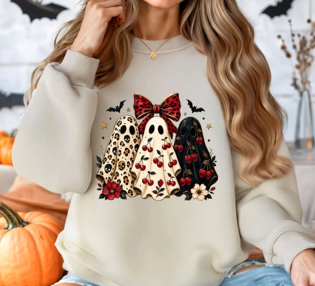 Cherry Ghost Halloween Sweatshirt, Coquette Bow Spooky Season Sweatshirt, Cute Ghost Graphic Crewneck, Trendy Fall Aesthetic Jumper, Pink Ghost Spooky Vibes Women Pullover, Cute Halloween Gift for Her, Coquette Aesthetic Fall Party Apparel