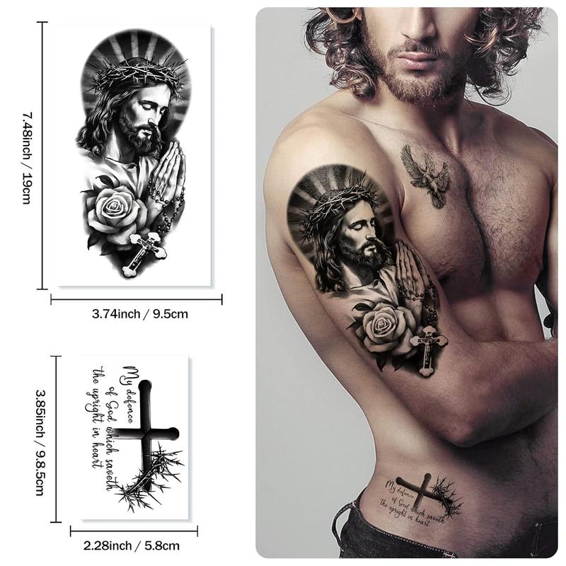77 Sheets Christian Temporary Tattoo Adult, Religious Jesus Christ Cross Angels God Half Arm Fake Tattoos, Christ Catholic Realistic Tiny Body Temporary Tattoos for Men and Women Kids