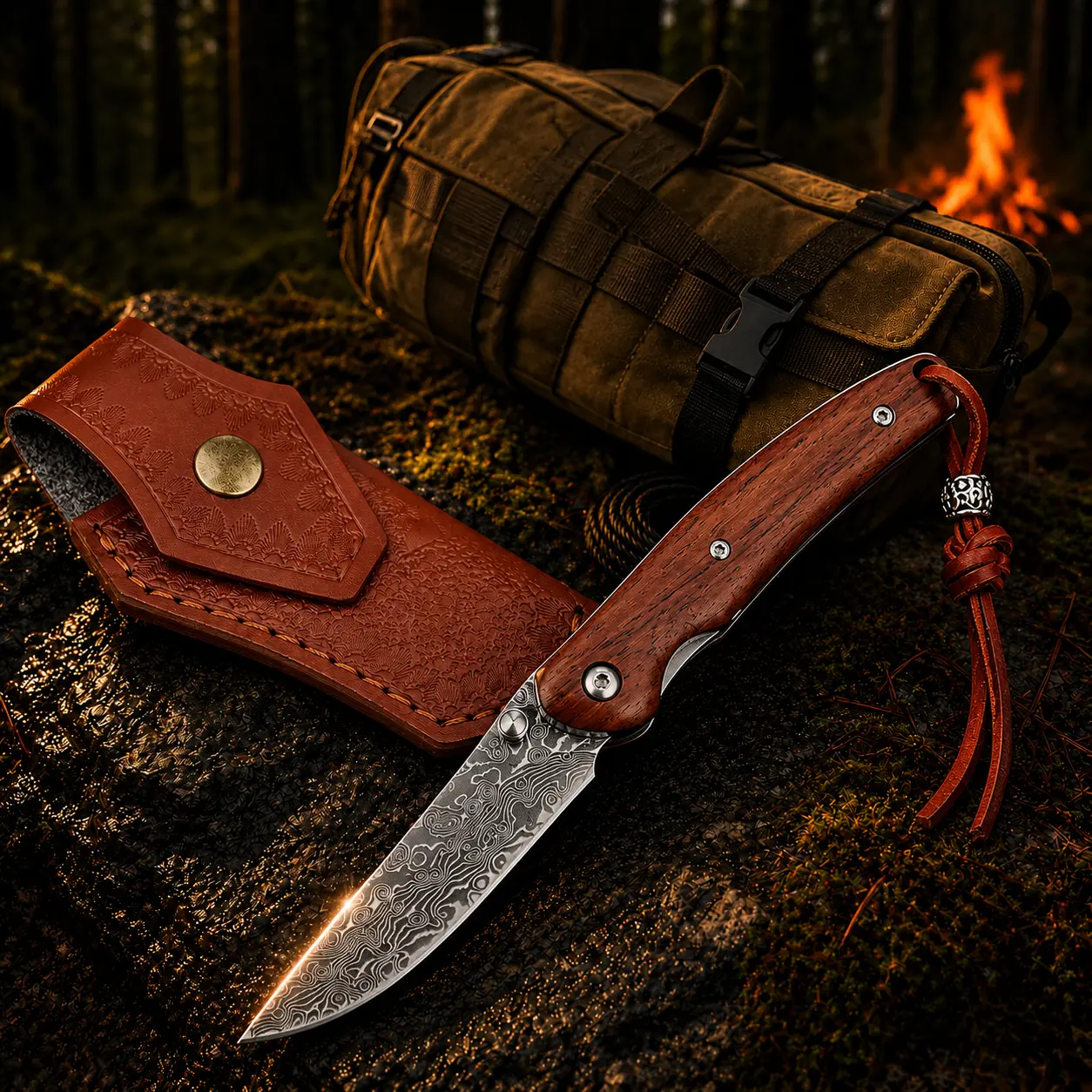 NorthForge Designed Blades Outdoor Folding Steel Knives - Damascus-Style Design, Wooden Accents, Leather Sheath for Camping, Travel