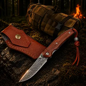 Viral Outdoor Folding Steel Blade Knives - Damascus Style Design, Wooden Accents, Leather Sheath for Camping, Travel