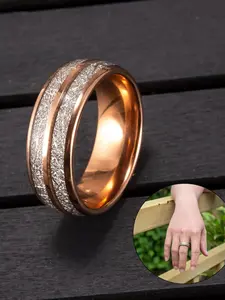 Titanium steel ring, double-groove meteorite electroplated rose gold ring, fashionable accessory, diamond-encrusted couple ring