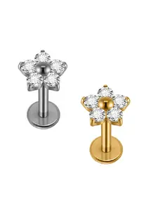 ASTM G23 Titanium Flower Conch Tragus Helix Stud Cz Paved Internal Thread Labret Lip Earring, Body Jewelry for Stylish Look