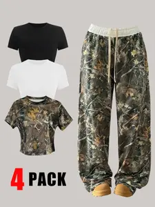 Women's Camo Print Crop Tee & Wide Leg Pants Set, Casual Round Neck Long Sleeve Top & Trousers 2 Piece Set for Spring, Women's Clothes for Daily Wear, Fitted Clothing Set, Suits, Leopard Print Set
