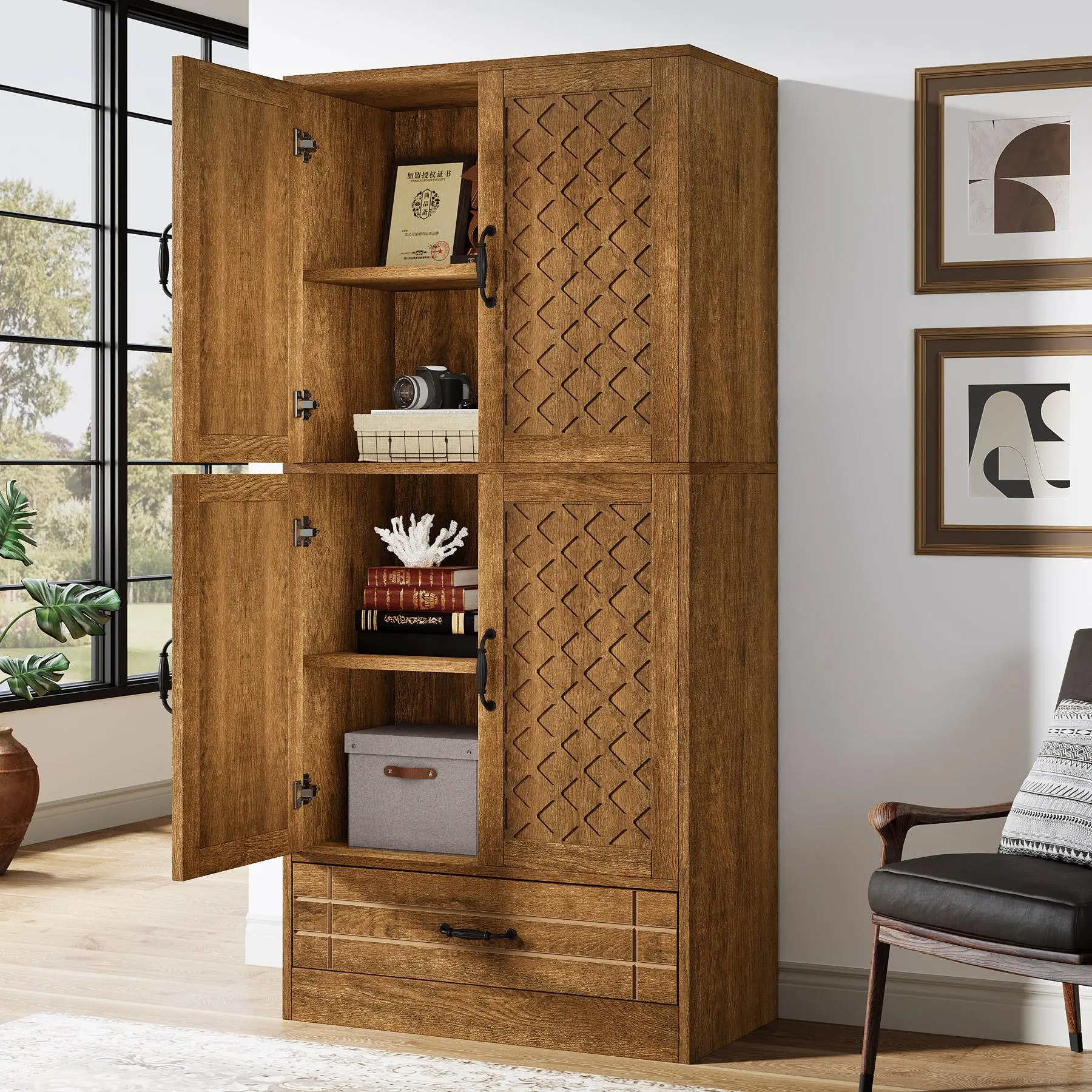 TRIBEWOOD Sturdy Farmhouse Rustic Wooden Bookshelf - 70.08in H x 31.5in W x 13.78in D 4-Shelf Storage Cabinet with Doors, Drawer, Easy-to-Follow Instructions for Home Office, Living Room (Quick Access Design)