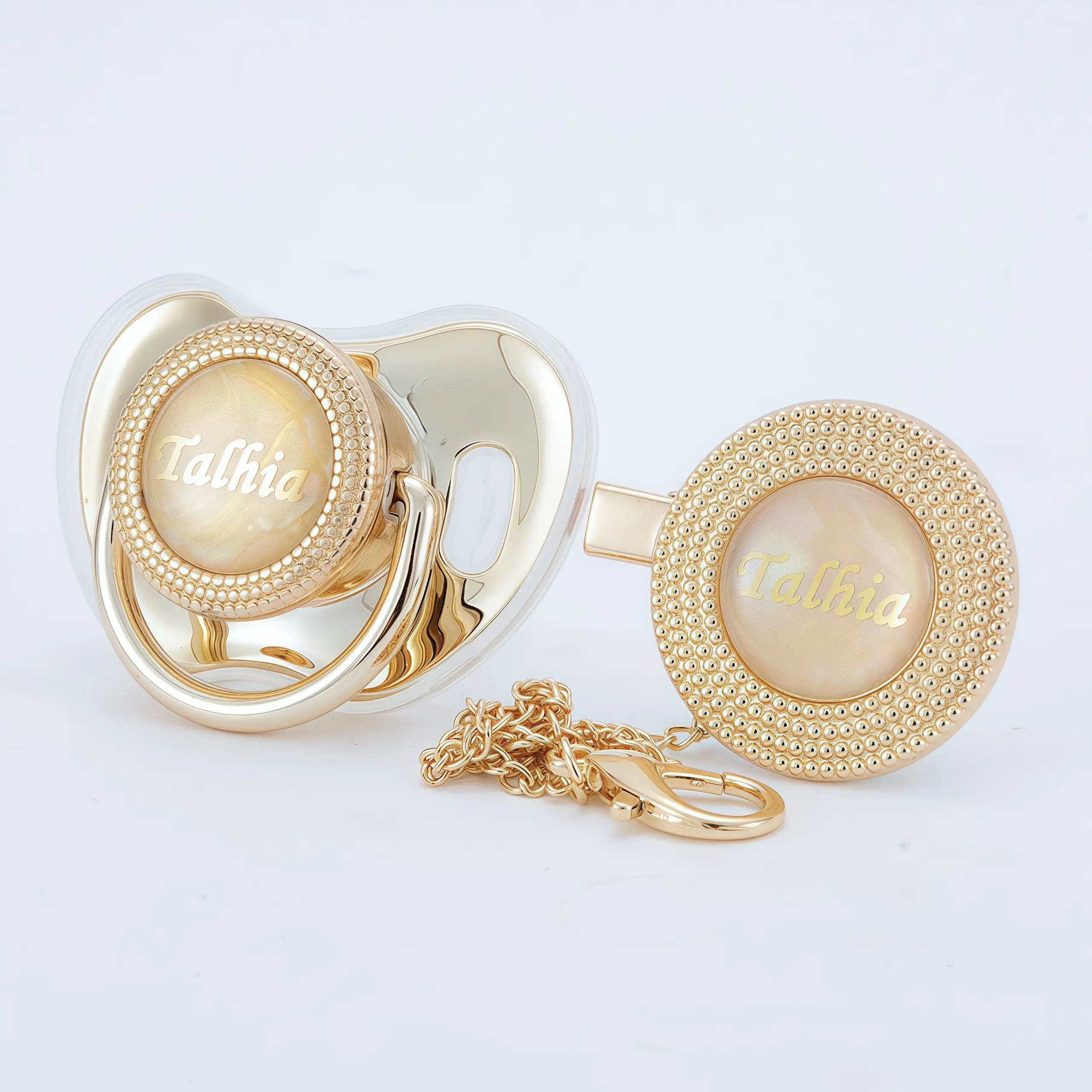 MIYOCAR Custom Gold Bling Baby Pacifier with Personalized Clip for Newborns and Babies Customized Baby Bling Binky &Clip Set bling pacifier