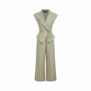 Cider Oversized Collar Peplum Waist Tie Front Straight Leg Jumpsuit