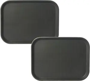 2-Pack Restaurant Grade Non-Slip Trays, NSF, 16 Inch x 12 Inch, Plastic Rubber Lined Anti-Skid Rectangular Serving Tray, Black