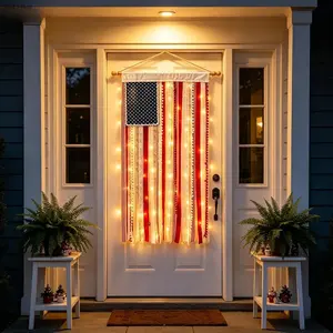 Lighted American Flag Banner with LED Fairy Lights, Rustic Patriotic Tassel Garland for 4th of July, Independence Day & Summer Parties, Porch, Yard & Home Decor, Easy to Hang, Reusable Celebration Decoration