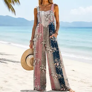 Women's Casual Floral Print Overalls, Sleeveless Square Neck Wide Leg Jumpsuit with Side Pockets for Vacation & Streetwear