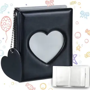 3-inch Kpop photo card holder book mini photo Kpop album Heart-shaped hollow photo card holder loose-leaf binder small mirror image photo card holder with heart-shaped pendant, 32 pockets