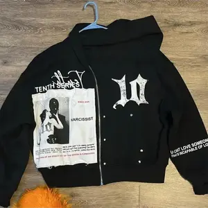 Streetwear Graphic Zip Up Hoodie Vintage Patchwork Oversized Hooded Sweatshirt Trendy Hip Hop Zip Jacket Casual Graphic Hoodie Crewneck Long Sleeve