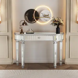 47" Half-Moon Mirrored Console Table with Fluted Glass & Crystal Knob Drawer - Silver Entryway Vanity Desk for Bedroom/Dressing Room(Grey+Sliver)