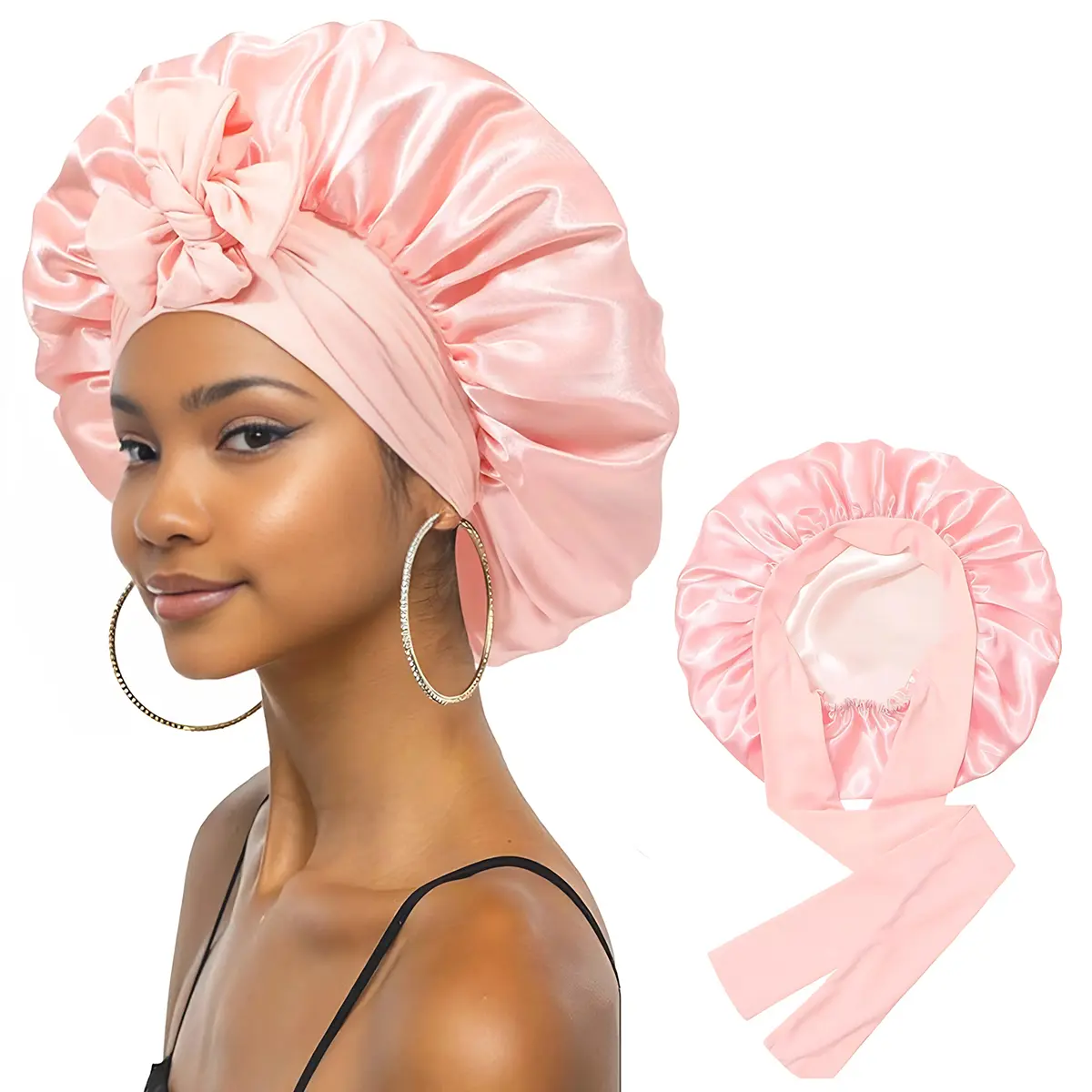 Double Layer Silk Bonnet for Haircare - Soft & Practical Sleeping cap with Elastic Tie Band for Curly & Natural Hair
