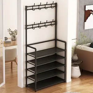 Spacious multi-functional storage rack, 5-tier design, equipped with 8 double hooks. This multi-functional rack doubles as a shoe rack and requires self-assembly, making it ideal for organizing and saving space in the living room, bathroom, or hallway
