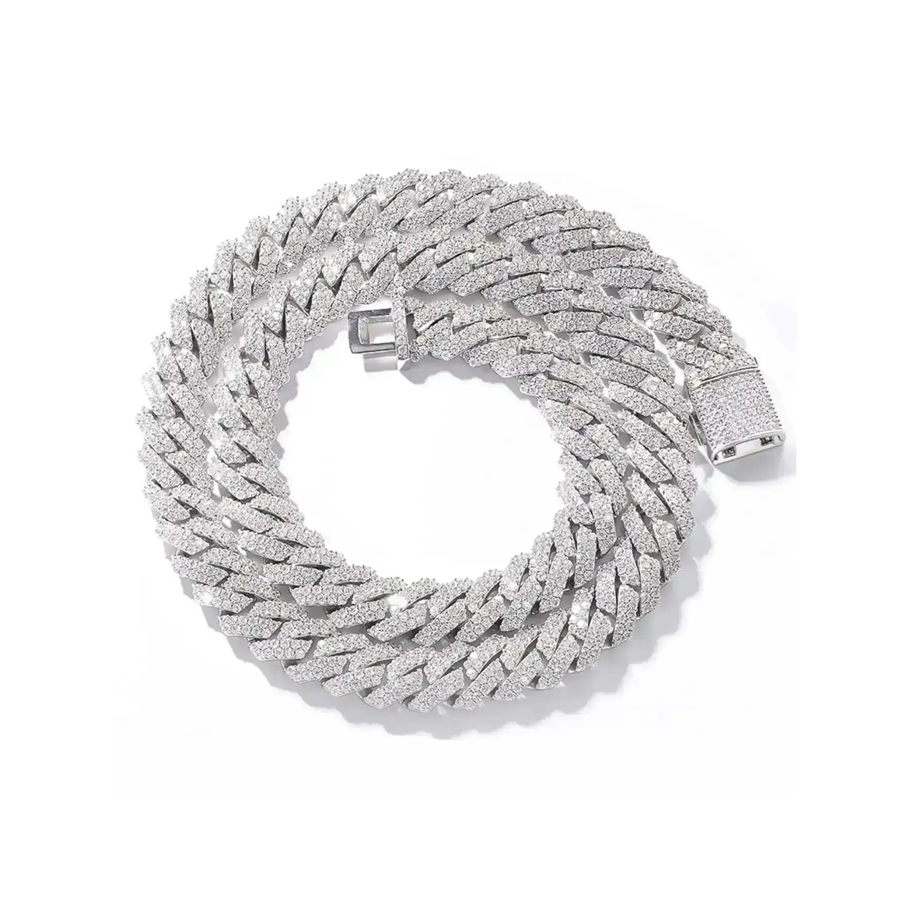 14Mm Rhombus Double Row Full Diamond Cuban Chain Heavy Duty Interlocking Chain Hip Hop Ornament, Exquisite Chain Jewelry, VVS1 Transparent Synthetic Gemstone, Wedding/Christmas Gifts, Men's Daily and Special Occasion Necklace, Cuban Link Design