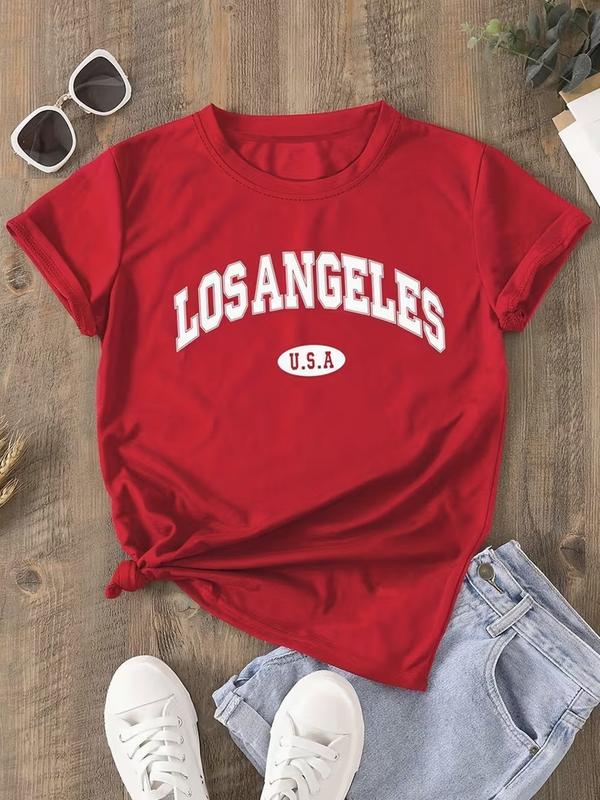 Women's Varsity Los Angeles Text Print Cotton T-Shirt - Oversized Preppy Style, Comfortable Soft Basic Top for Spring-Autumn, Casual Travel Everyday Outfit to Match Jeans