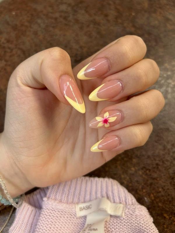 Yellow French Tip Press On Nails, Nude Almond Nails With Flower Accent, Glossy Minimal Floral Nail Set, Spring Summer Nails