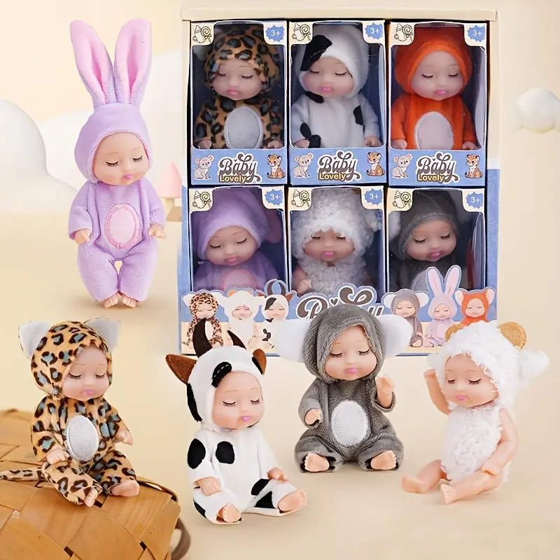6Pcs Animal-Themed Mini Baby Doll Set, Cute Sleeping Dolls with Soft Plush Animal Onesies, Pretend Play & Collectible Toys, Safe Non-Toxic for Kids 3+, Ideal Birthday Gift for Little Girls