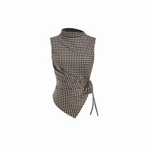 Cider Gingham Stand Collar Asymmetrical Hem Ruched Knotted Top
