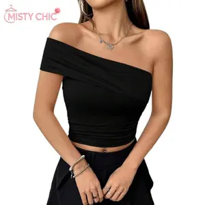 MISTY CHIC Solid Color Off-Shoulder Crop Top With Ruched Detail, Y2K Style Short Sleeve Tee, Perfect For Summer 2026, Night Out, Casual Gatherings And Versatile Everyday Fashion