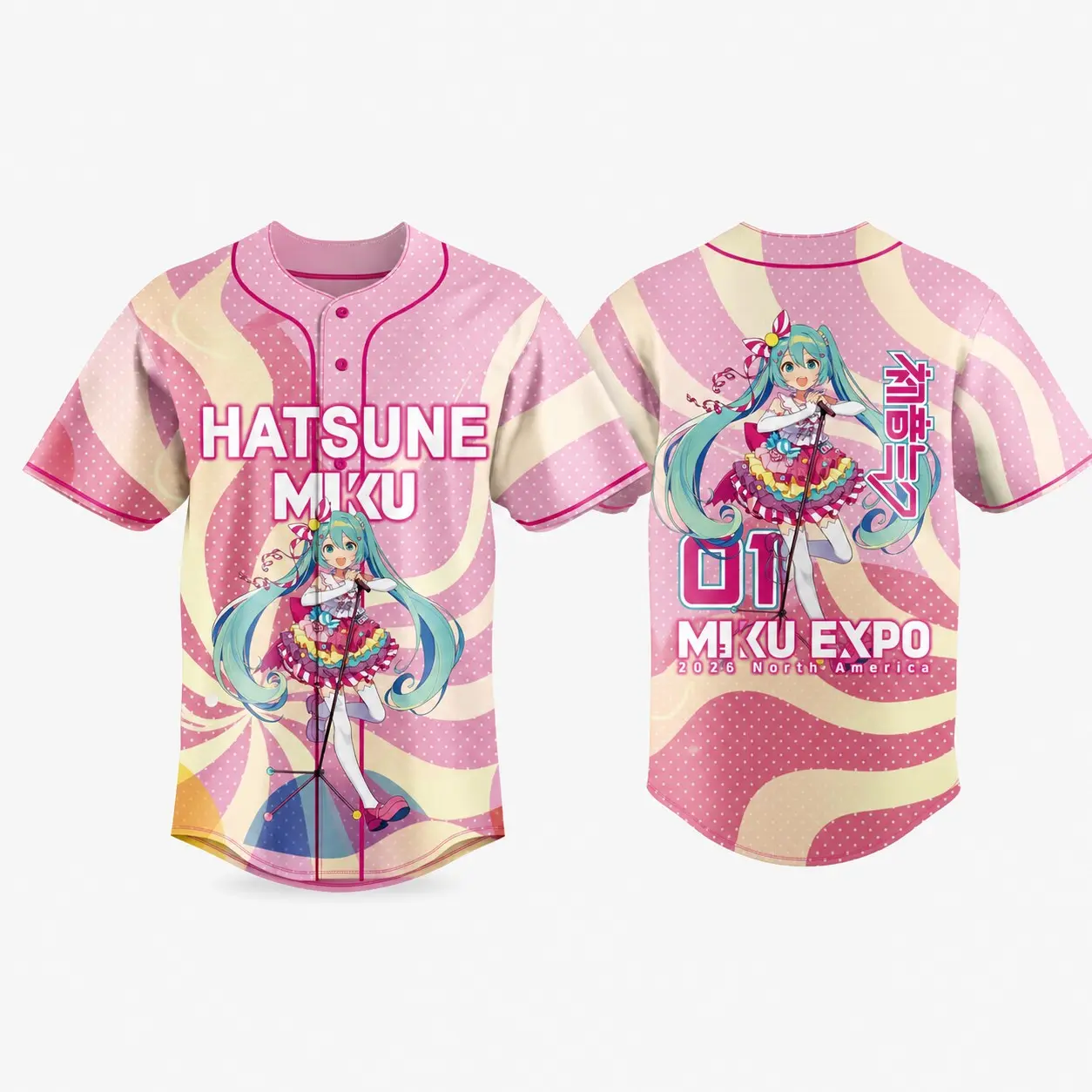 Hatsune Miku Anime Baseball Jersey Pink Candy Swirl Breathable Polyester Button Down Shirt Official Style Miku Expo 2024 Concert Cosplay Streetwear Gift