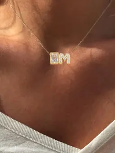 Rectangle Artificial Crystal Pave Zirconia Bubble Initial Necklace for Women, Stainless Steel Chain Necklace, Trendy All-match & Exquisite Jewelry for Birthday Gift