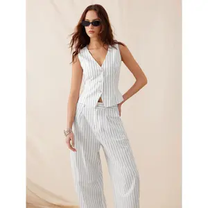 Cider Linen-blend V-neck Striped Sleeveless Top & Mid Rise Tapered Trousers Set