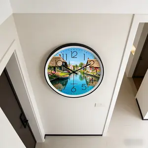 European Water Town Landscape Wall Clock, Silent Sweep Second Hand, Living Room Bedroom Study Decor, Creative Countryside Style Quartz Clock