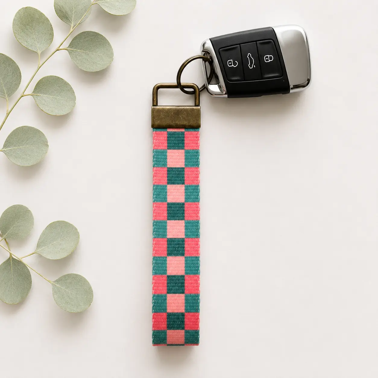 Pink/Teal Checkered Key Fob Wristlet | Antique Brass Hardware