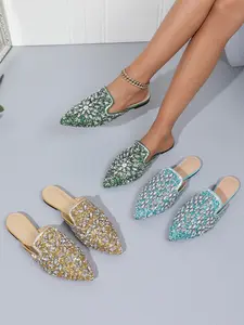 Women’s mule shoes with rhinestone pointed toe heelless design comfortable breathable flat shoes elegant and versatile suitable for allseason dressy outfits