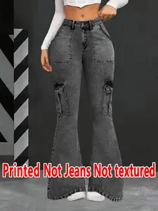 【Printed Legging - Not Denim Fabric】Women's Faux Denim Long Fitted Pants, Jeans Print Bell Bottoms, Fashionable Casual Women's Trousers, All Seasons Wear, X Type Silhouette, Womenswear